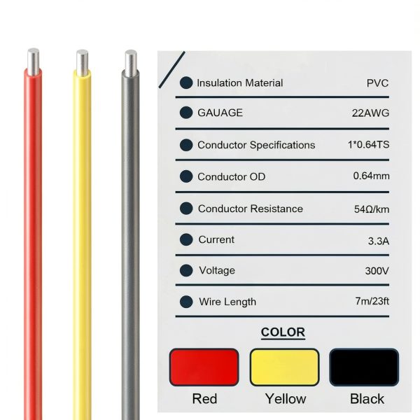 22 Gauge PVC Electrical Wire 300V 22 AWG UL1007 Solid Core Tinned Coated Copper Wires 3 Color (Black, Red, Yellow) 7m Each Cable Hook Up Wire Kit for 3D Printer, Model Car-1